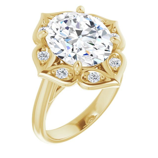 10K Yellow Gold Customizable Cathedral-raised Oval Cut Design with Star Halo & Round-Bezel Peekaboo Accents