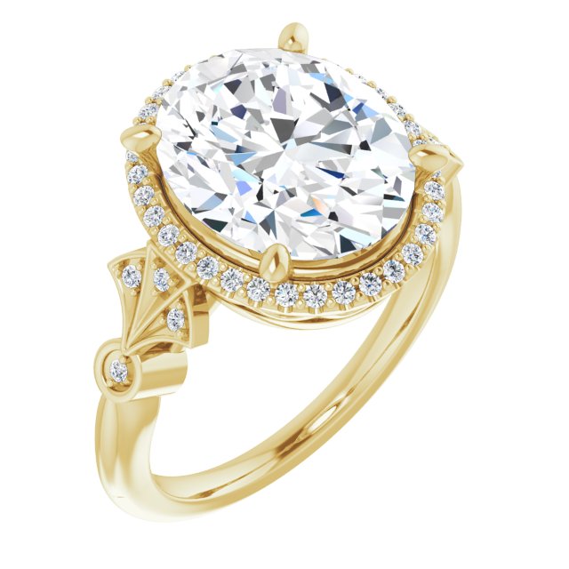 10K Yellow Gold Customizable Cathedral-Crown Oval Cut Design with Halo and Scalloped Side Stones