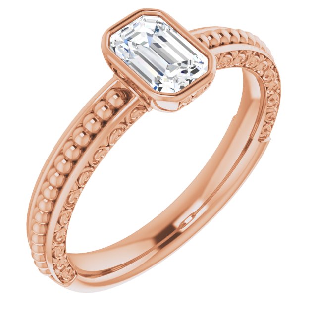 10K Rose Gold Customizable Bezel-set Emerald/Radiant Cut Solitaire with Beaded and Carved Three-sided Band