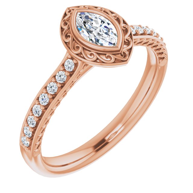 10K Rose Gold Customizable Cathedral-Bezel Marquise Cut Design featuring Accented Band with Filigree Inlay