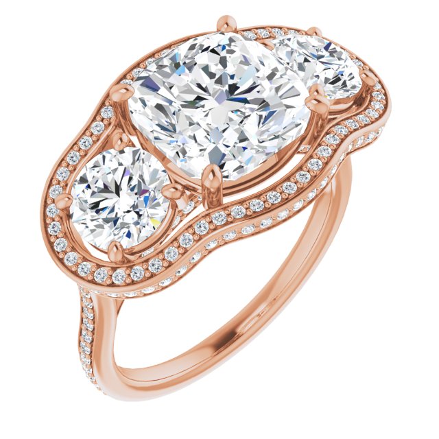 10K Rose Gold Customizable 3-stone Cushion Cut Design with Multi-Halo Enhancement and 150+-stone Pavé Band
