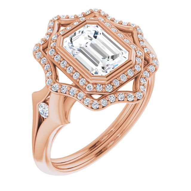 Cubic Zirconia Engagement Ring- The Cyra (Customizable Cathedral-bezel Emerald Cut Design with Floral Double Halo and Channel-Accented Split Band)