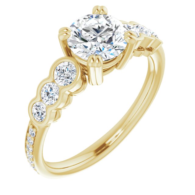10K Yellow Gold Customizable Round Cut 7-stone Style Enhanced with Bezel Accents and Shared Prong Band