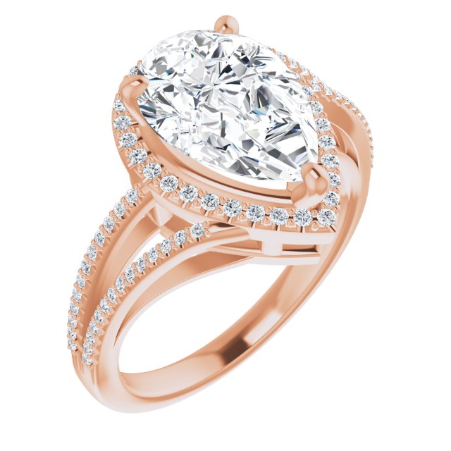 10K Rose Gold Customizable Pear Cut Vintage Design with Halo Style and Asymmetrical Split-Pavé Band
