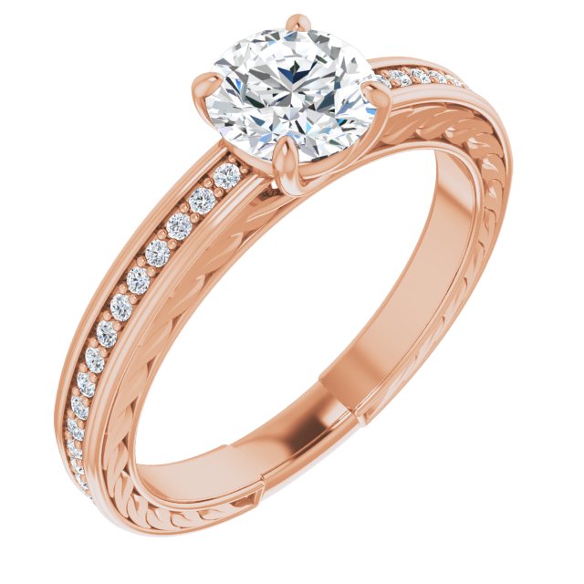 10K Rose Gold Customizable Round Cut Design with Rope-Filigree Hammered Inlay & Round Channel Accents