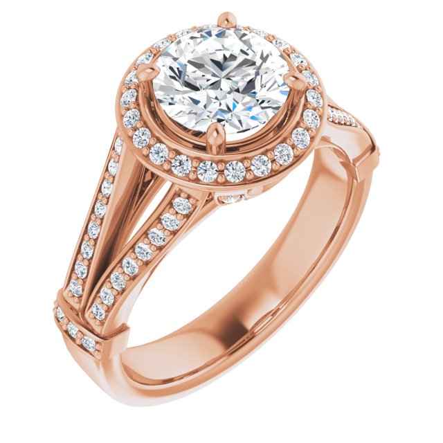 10K Rose Gold Customizable Round Cut Setting with Halo, Under-Halo Trellis Accents and Accented Split Band