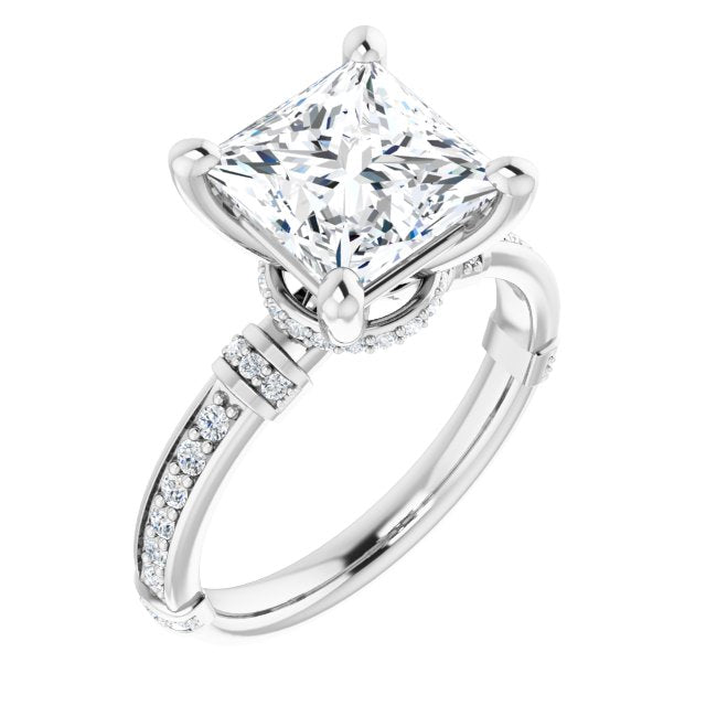 10K White Gold Customizable Princess/Square Cut Style featuring Under-Halo, Shared Prong and Quad Horizontal Band Accents