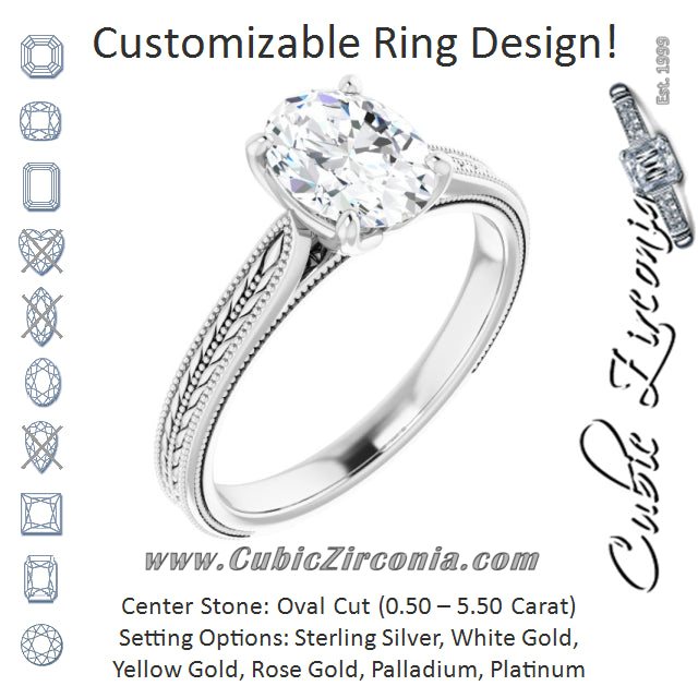 Cubic Zirconia Engagement Ring- The Dulcia (Customizable Oval Cut Solitaire with Wheat-inspired Band)