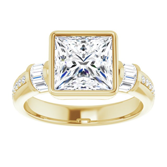 Cubic Zirconia Engagement Ring- The Danna (Customizable Cathedral-Bezel Princess/Square Cut Style with Horizontal Baguettes & Shared Prong Band)