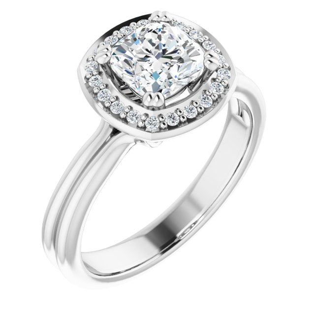 10K White Gold Customizable Cushion Cut Style with Scooped Halo and Grooved Band