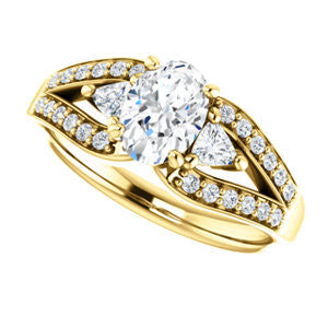 Cubic Zirconia Engagement Ring- The Karen (Customizable Enhanced 3-stone Design with Oval Cut Center, Dual Trillion Accents and Wide Pavé-Split Band)