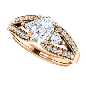 Cubic Zirconia Engagement Ring- The Karen (Customizable Enhanced 3-stone Design with Oval Cut Center, Dual Trillion Accents and Wide Pavé-Split Band)