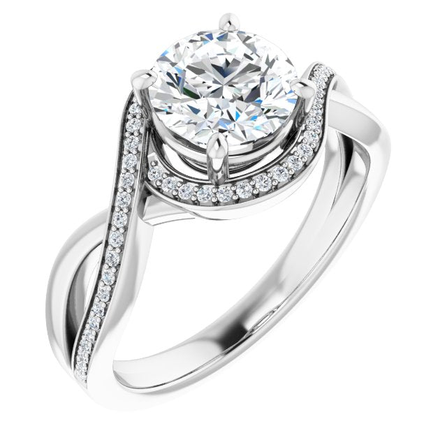 10K White Gold Customizable Bypass-Halo-Accented Round Cut Center with Twisting Split Shared Prong Band