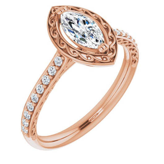 10K Rose Gold Customizable Marquise Cut Halo Design with Filigree and Accented Band