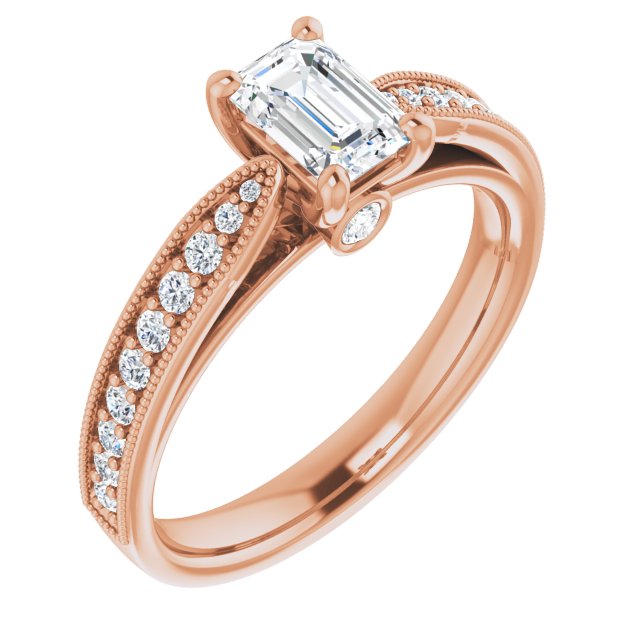 10K Rose Gold Customizable Emerald/Radiant Cut Style featuring Milgrained Shared Prong Band & Dual Peekaboos
