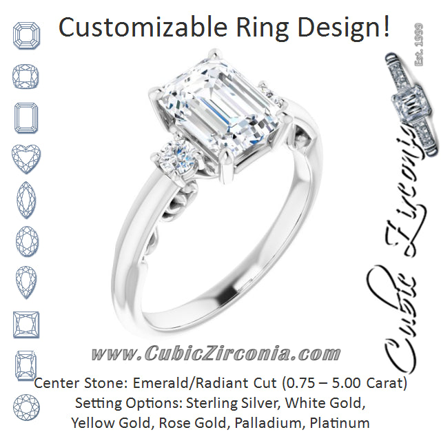 Cubic Zirconia Engagement Ring- The Danika (Customizable Radiant Cut 3-stone Style featuring Heart-Motif Band Enhancement)