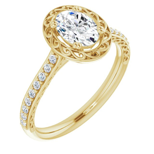 10K Yellow Gold Customizable Oval Cut Halo Design with Filigree and Accented Band