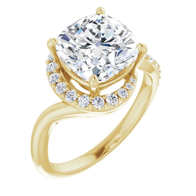 10K Yellow Gold Customizable Cushion Cut Design with Swooping Pavé Bypass Band
