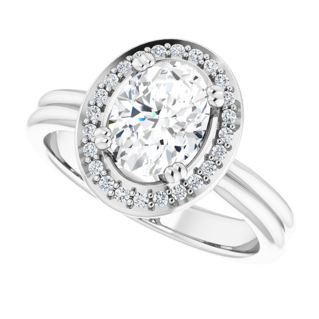 Cubic Zirconia Engagement Ring- The Jeanine Marie (Customizable Oval Cut Style with Scooped Halo and Grooved Band)