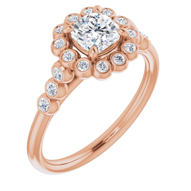 10K Rose Gold Customizable Cushion Cut Cathedral-Style Clustered Halo Design with Round Bezel Accents