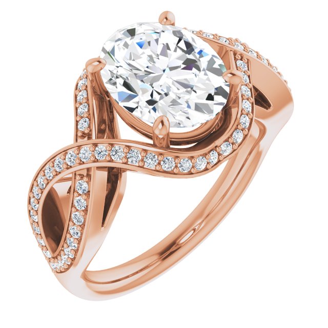 10K Rose Gold Customizable Oval Cut Design with Twisting, Infinity-Shared Prong Split Band and Bypass Semi-Halo