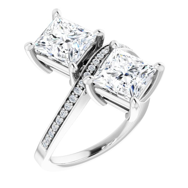 14K White Gold Customizable 2-stone Princess/Square Cut Bypass Design with Thin Twisting Shared Prong Band