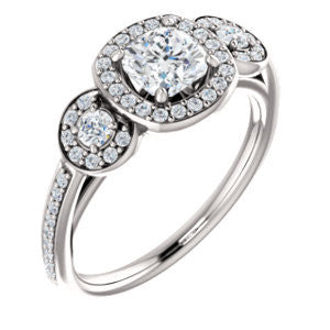 Cubic Zirconia Engagement Ring- The Téa (Cushion Cut Customizable 3-Stone Cathedral-Halo with Accented Band)