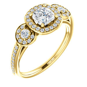 Cubic Zirconia Engagement Ring- The Téa (Cushion Cut Customizable 3-Stone Cathedral-Halo with Accented Band)