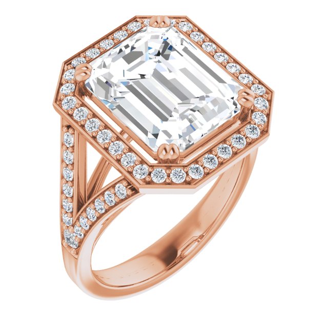 10K Rose Gold Customizable Cathedral-set Emerald/Radiant Cut Style with Accented Split Band and Halo