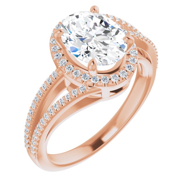 10K Rose Gold Customizable Oval Cut Vintage Design with Halo Style and Asymmetrical Split-Pavé Band