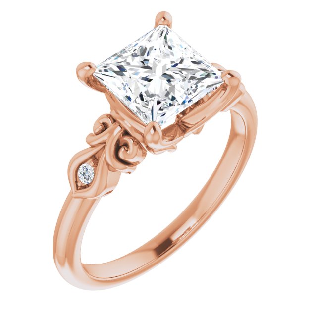 10K Rose Gold Customizable 3-stone Princess/Square Cut Design with Small Round Accents and Filigree