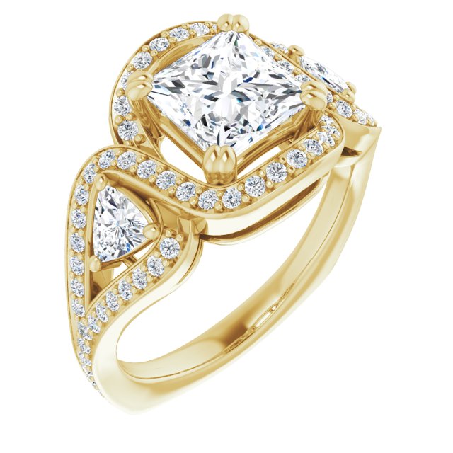 10K Yellow Gold Customizable Princess/Square Cut Center with Twin Trillion Accents, Twisting Shared Prong Split Band, and Halo