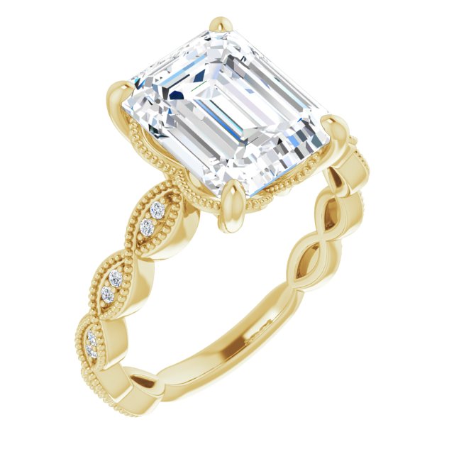 10K Yellow Gold Customizable Emerald/Radiant Cut Artisan Design with Scalloped, Round-Accented Band and Milgrain Detail