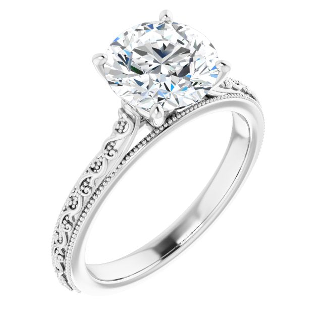 Cubic Zirconia Engagement Ring- The Conchita (Customizable Round Cut Solitaire with Delicate Milgrain Filigree Band)