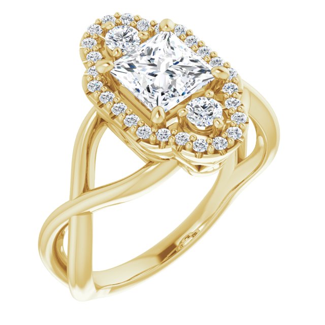 10K Yellow Gold Customizable Vertical 3-stone Princess/Square Cut Design Enhanced with Multi-Halo Accents and Twisted Band