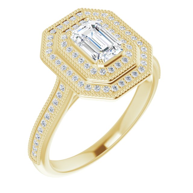 10K Yellow Gold Customizable Emerald/Radiant Cut Design with Elegant Double Halo, Houndstooth Milgrain and Band-Channel Accents