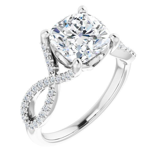 10K White Gold Customizable Cushion Cut Design with Twisting Infinity-inspired, Pavé Split Band