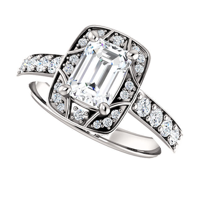 Cubic Zirconia Engagement Ring- The Payton (Customizable Emerald Cut with Segmented Cluster-Halo and Large-Accented Band)