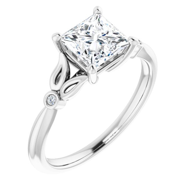 10K White Gold Customizable 3-stone Princess/Square Cut Design with Thin Band and Twin Round Bezel Side Stones
