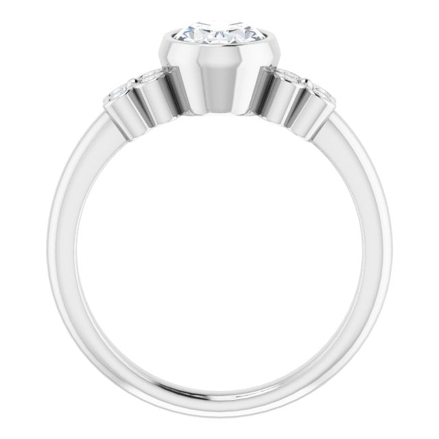 Cubic Zirconia Engagement Ring- The Kjerstin Rose (Customizable 9-stone Bezel-set Oval Cut Design with Quad Round Bezel Side Stones Each Side)