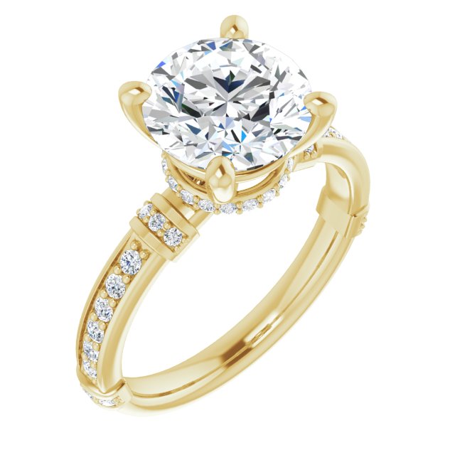 18K Yellow Gold Customizable Round Cut Style featuring Under-Halo, Shared Prong and Quad Horizontal Band Accents