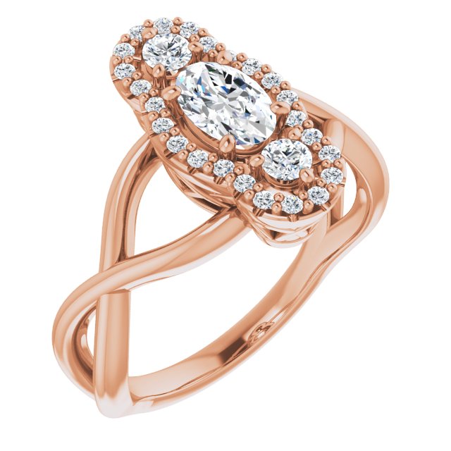 10K Rose Gold Customizable Vertical 3-stone Oval Cut Design Enhanced with Multi-Halo Accents and Twisted Band
