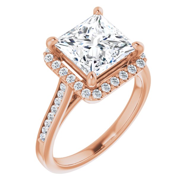 10K Rose Gold Customizable Princess/Square Cut Design with Halo, Round Channel Band and Floating Peekaboo Accents