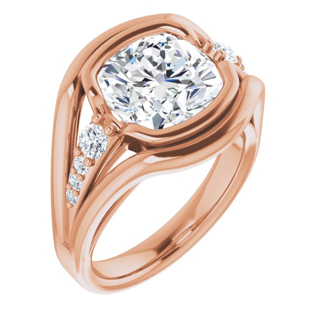 10K Rose Gold Customizable 9-stone Cushion Cut Design with Bezel Center, Wide Band and Round Prong Side Stones
