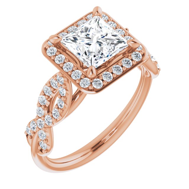 10K Rose Gold Customizable Cathedral-Halo Princess/Square Cut Design with Artisan Infinity-inspired Twisting Pavé Band
