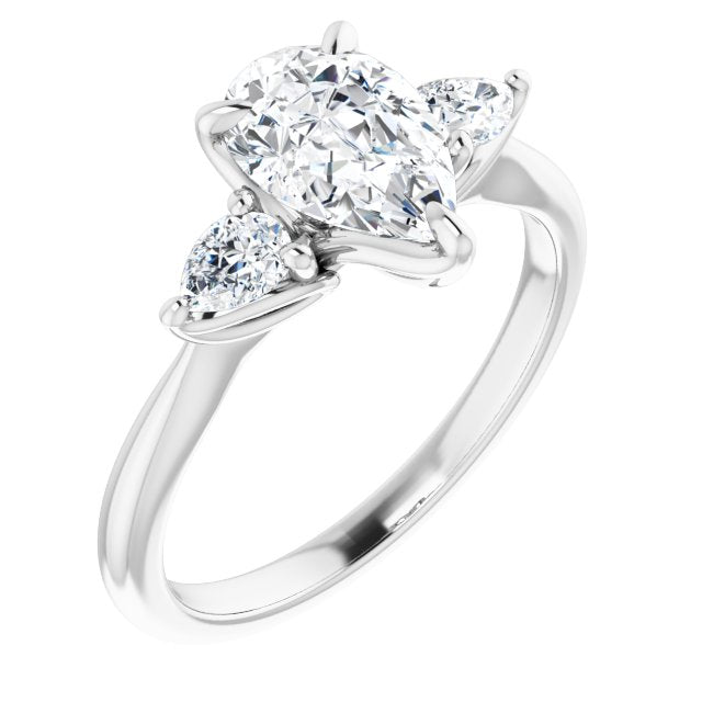 10K White Gold Customizable 3-stone Design with Pear Cut Center and Dual Large Pear Side Stones