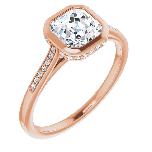 10K Rose Gold Customizable Cathedral-Bezel Asscher Cut Style with Under-halo and Shared Prong Band