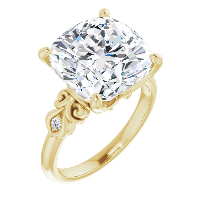 10K Yellow Gold Customizable 3-stone Cushion Cut Design with Small Round Accents and Filigree
