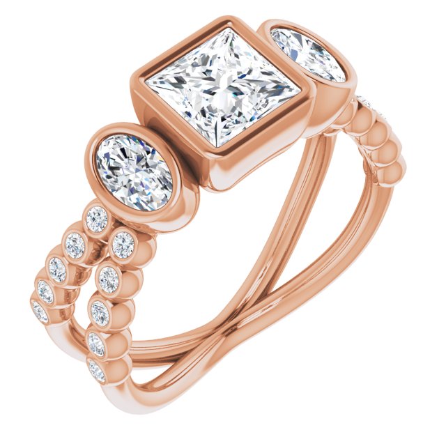 10K Rose Gold Customizable Bezel-set Princess/Square Cut Design with Dual Bezel-Oval Accents and Round-Bezel Accented Split Band