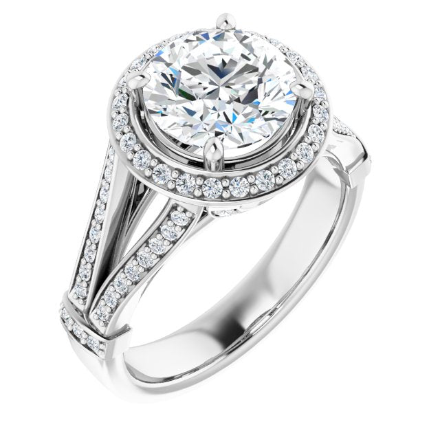 18K White Gold Customizable Round Cut Setting with Halo, Under-Halo Trellis Accents and Accented Split Band